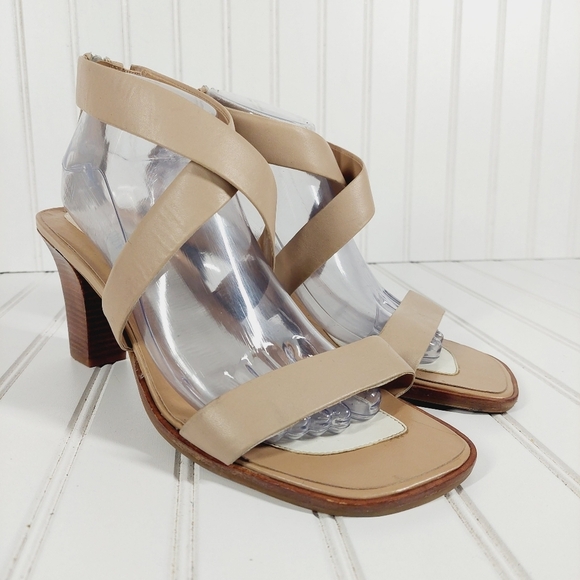 Nicole Fracture Tan Leather Block Wood Heel Back Zipper Strappy Sandals Y2k A674 - Picture 4 of 13